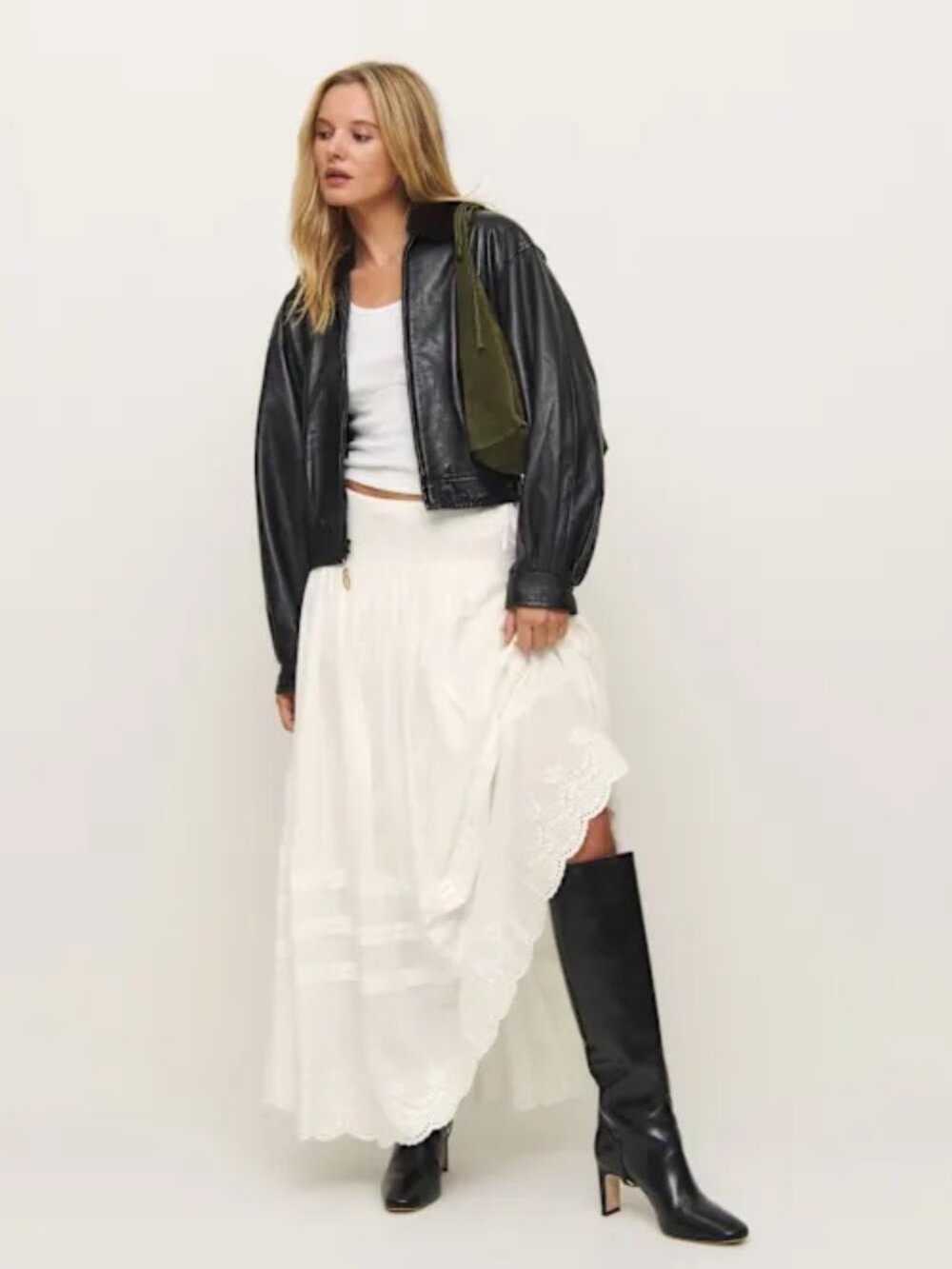 Reformation White Cotton MAXI Skirt Eyelet Lace Pintuck Aura Skirt